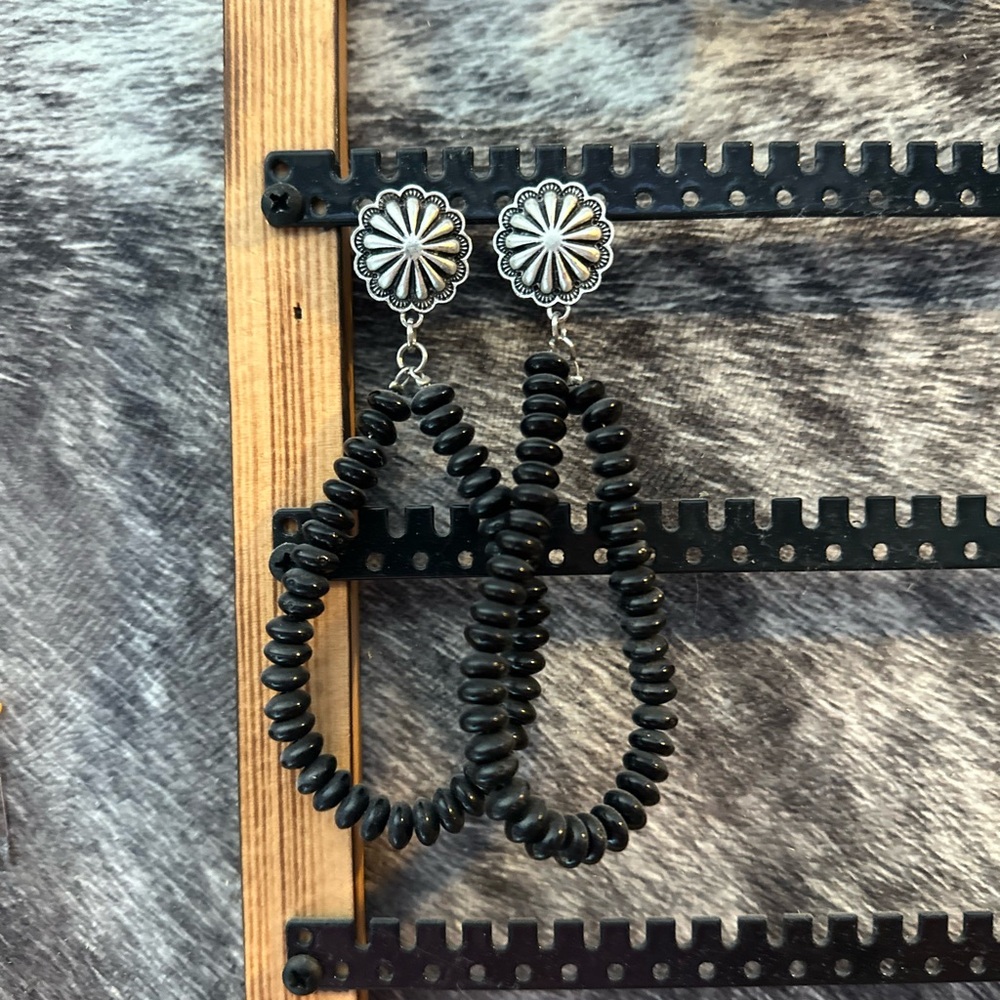 Silver and Black Beaded Hoop Earrings